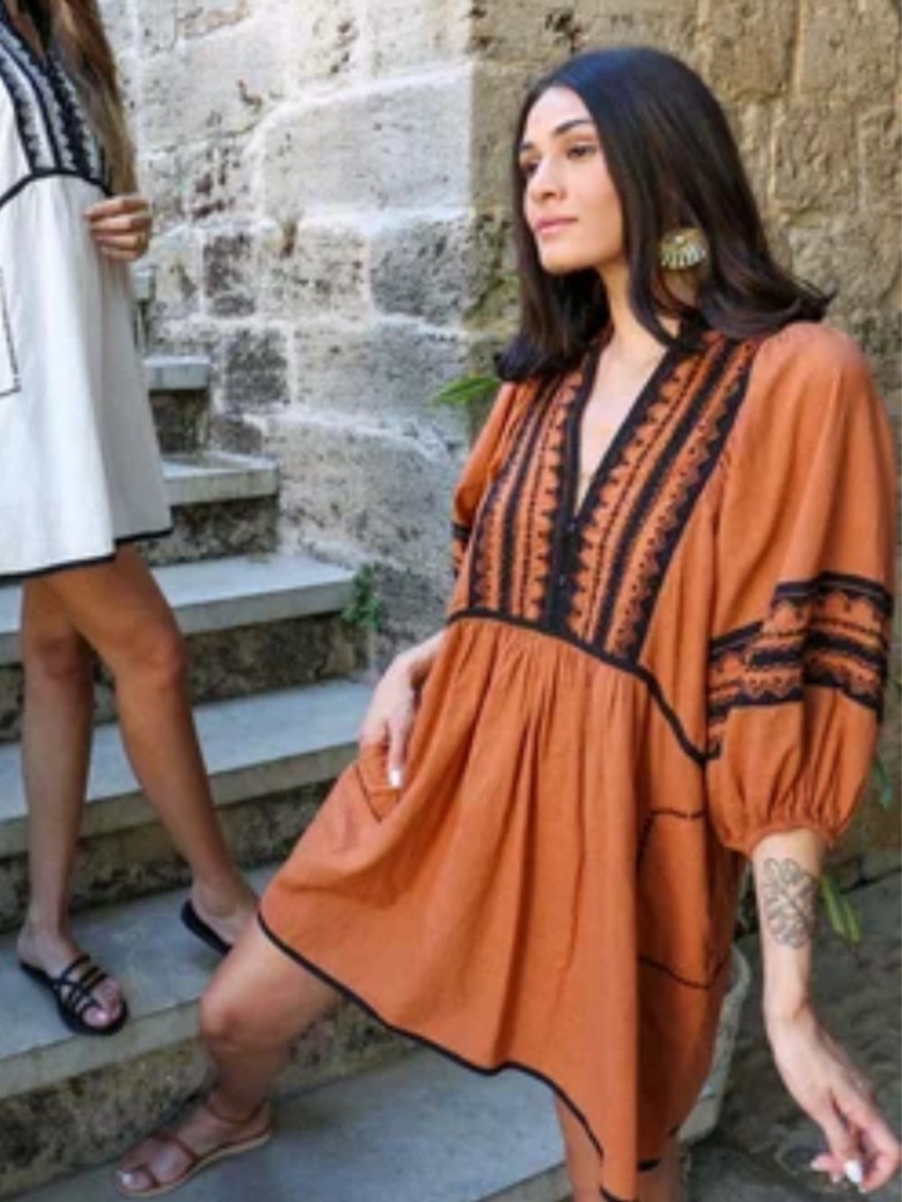 Scarlett Poppies Bohemian Embroidered V-Neck Mini Dress